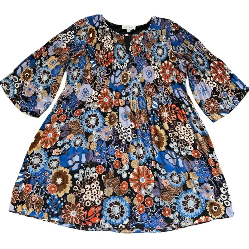 Emma & Michelle Midi Dress Womens 3X Floral Pleated Top Lined Bell Sleeves Retro - Picture 12 of 12